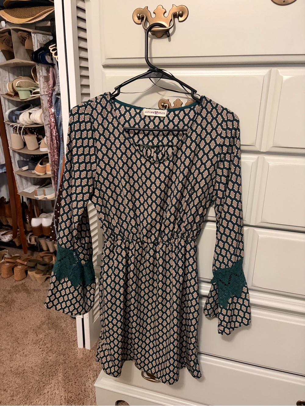 Altar'd State Teal and Beige Printed Long-Sleeve Mini Dress with Lace Trim